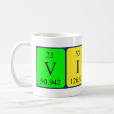 Mug featuring the name Vitali spelled out in symbols of the chemical elements