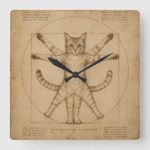 Vitruvian Cat Renaissance Parody Art Square Wall Clock