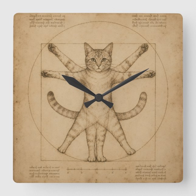 Vitruvian Cat Renaissance Parody Art Square Wall Clock (Front)