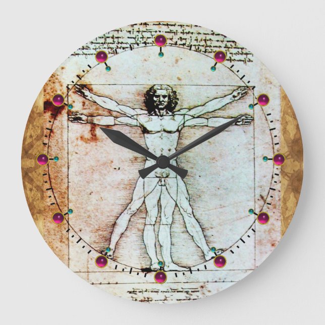 VITRUVIAN MAN Antique Parchment Red Ruby Gemstones Large Clock (Front)