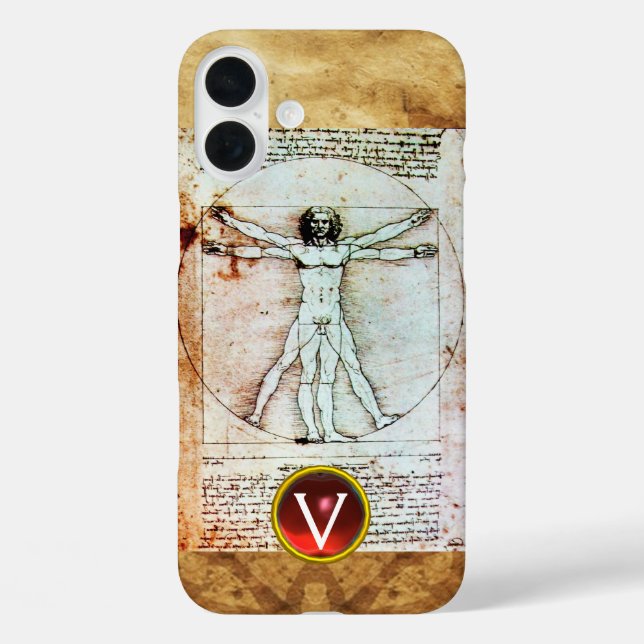 VITRUVIAN MAN Antique Parchment Red Ruby Monogram Case-Mate iPhone Case (Back)