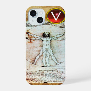 VITRUVIAN MAN Antique Parchment Red Ruby Monogram iPhone 15 Case
