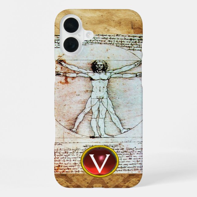 VITRUVIAN MAN Antique Parchment Red Ruby Monogram iPhone Case (Back)