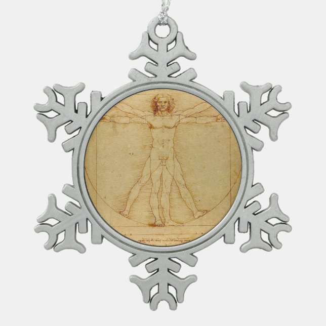Vitruvian Man by Leonardo Da Vinci Snowflake Pewter Christmas Ornament (Front)