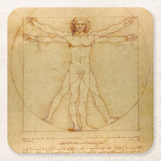 Vitruvian Man by Leonardo Da Vinci Square Paper Coaster (Front)