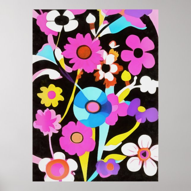 Viva Magenta Abstract Retro Boho Spring Flowers Poster (Front)