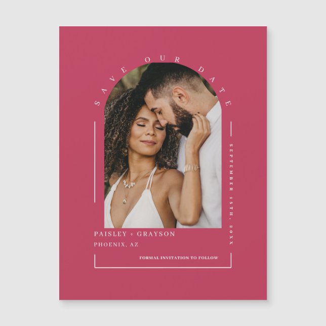 Viva Magenta Arc Photo Save Our Date Magnetic Card (Front)