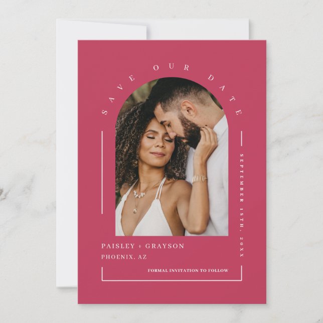 Viva Magenta Boho Arch Photo QR Code Save Our Date Invitation (Front)