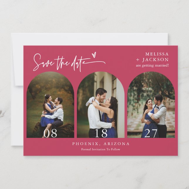 Viva Magenta Boho Arch Photo QR Code Save the Date Invitation (Front)