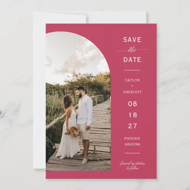 Viva Magenta Boho Arch Photo QR Code Save the Date Invitation (Front)
