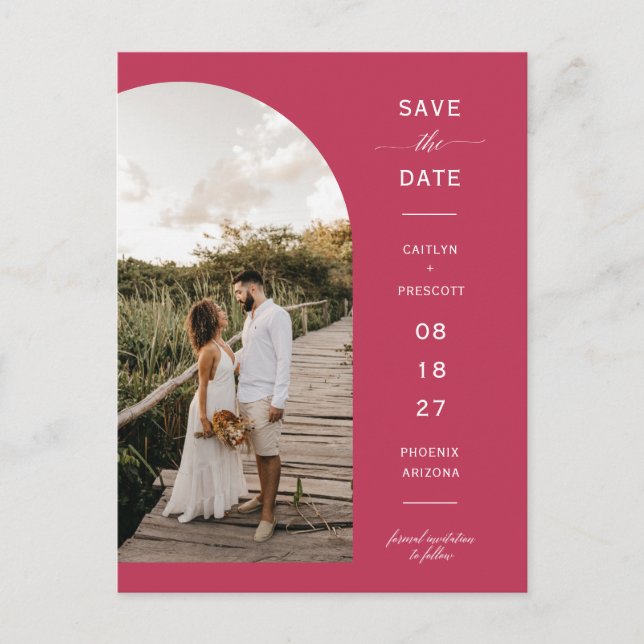 Viva Magenta Boho Arch Photo QR Code Save the Date Postcard (Front)