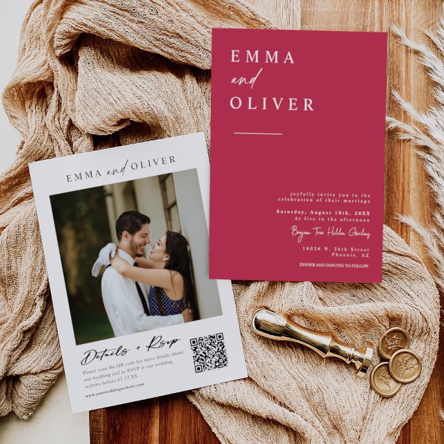 Viva Magenta Boho Minimal Wedding Arch QR Code Invitation (Creator Uploaded)