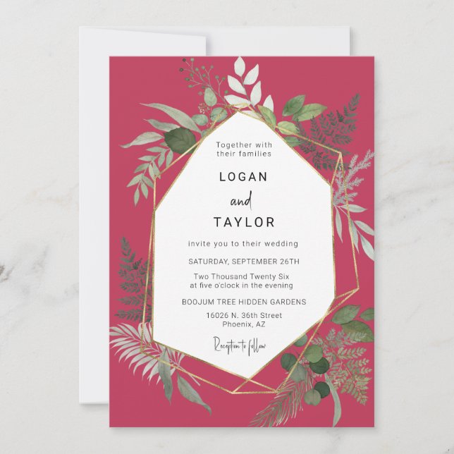 Viva Magenta Botanical Greenery Gold QR Code Photo Invitation (Front)