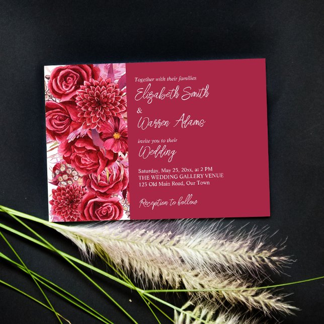 Viva magenta burgundy flowers roses wedding invitation (Creator Uploaded)