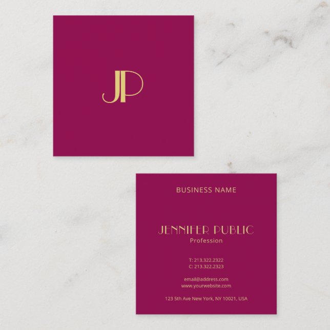 Viva Magenta Elegant Gold Monogram Template Modern Square Business Card (Front/Back)
