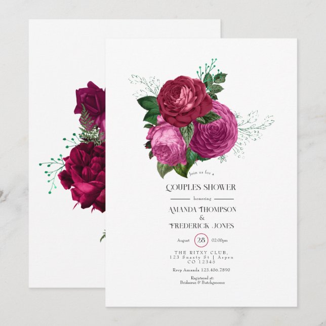 Viva Magenta Floral Couples Shower Invitation (Front/Back)