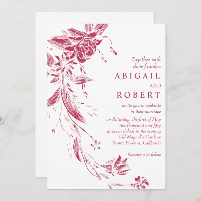 Viva magenta floral garland QR code wedding Invitation (Front/Back)
