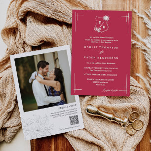 Viva Magenta Floral Wedding Crest QR Code Photo Invitation
