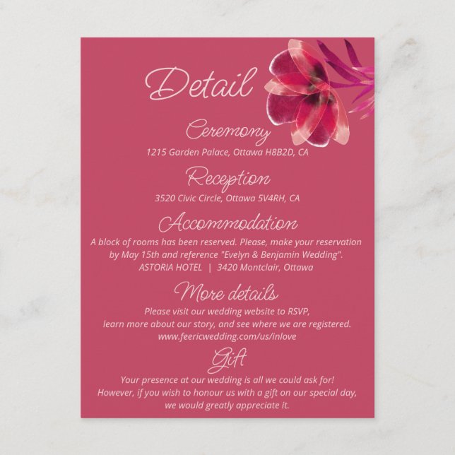 Viva Magenta, Floral wedding details   Enclosure Card (Front)