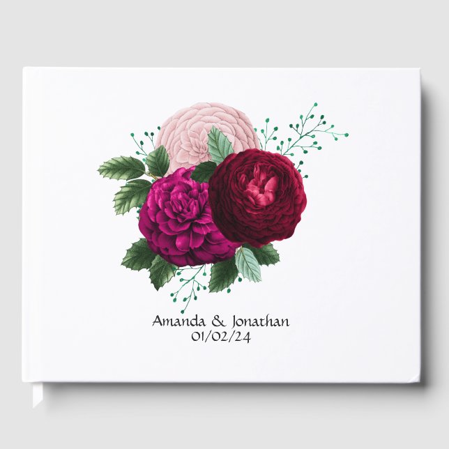 Viva Magenta Floral Wedding Guest Book (Front)