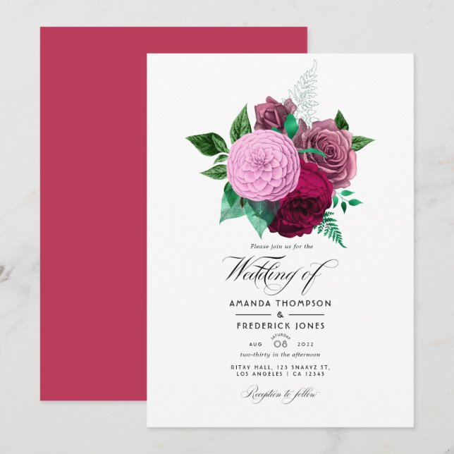 Viva Magenta Floral Wedding Invitation (Front/Back)