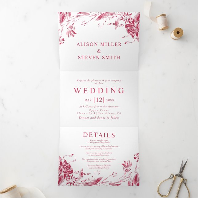 Viva magenta line art flowers photo wedding Tri-Fold invitation (Inside)
