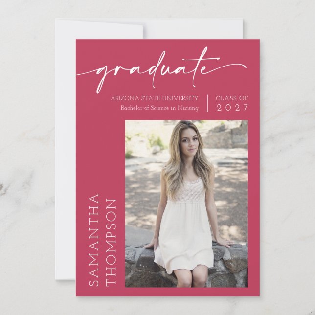 Viva Magenta Minimalist Two Photo Graduation Party Invitation (Front)