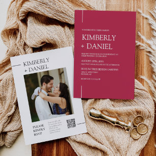 Viva Magenta Modern Minimal Wedding QR Code Photo Invitation