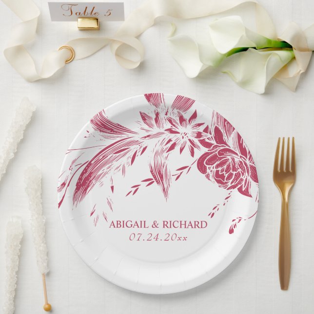 Viva magenta pink and white flowers wedding paper plate (Wedding)