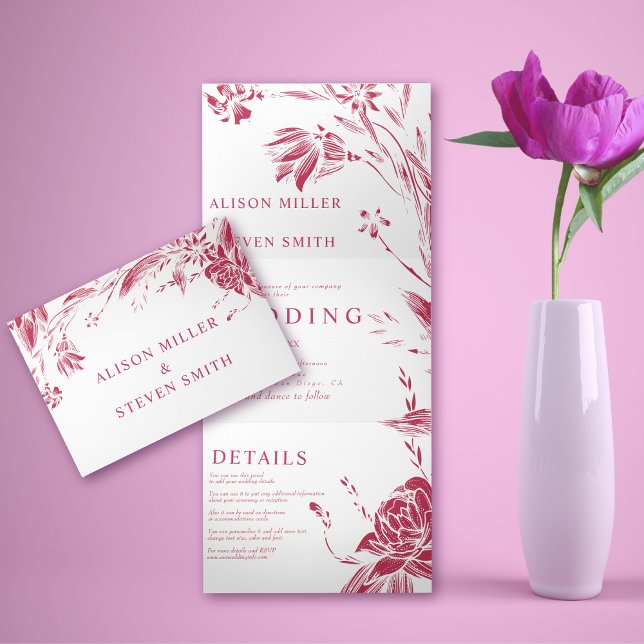 Viva magenta pink line art flowers photo wedding Tri-Fold invitation (Creator Uploaded)