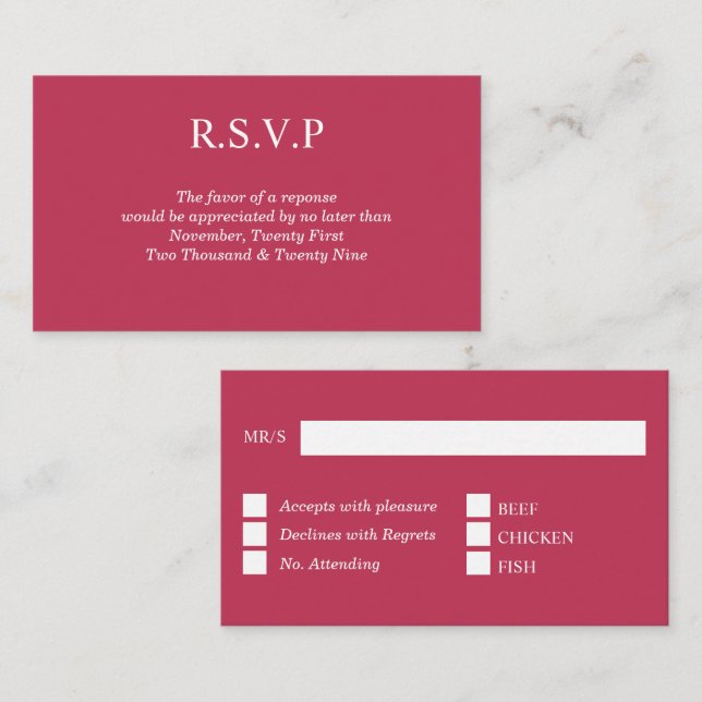 Viva magenta plain solid colour rsvp guest respons enclosure card (Front/Back)