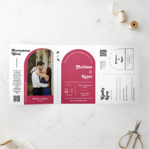 Viva Magenta Retro Boho Arch Photo QR Code Wedding Tri-Fold Invitation