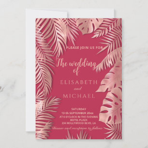 Viva magenta rose gold tropical leaves romantic invitation