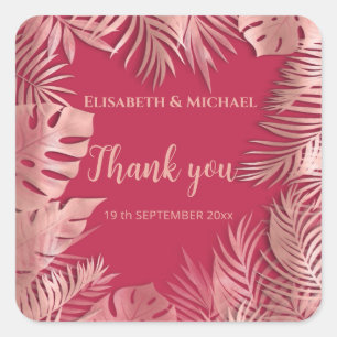Viva magenta rose gold  tropical leaves thank you square sticker