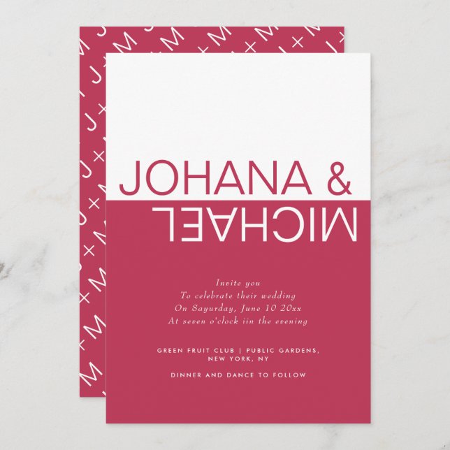 Viva magenta, white colour block whimsical wedding invitation (Front/Back)