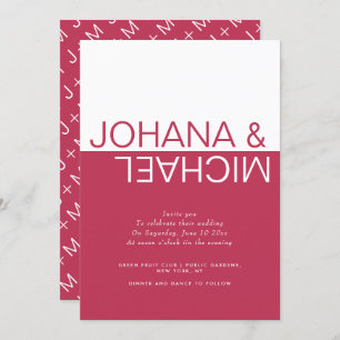 Viva magenta, white colour block whimsical wedding invitation