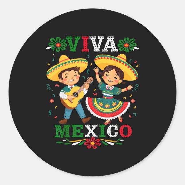 Viva Mexico Cute Cartoon Mexican Boy &amp; Girl In Classic Round Sticker (Front)