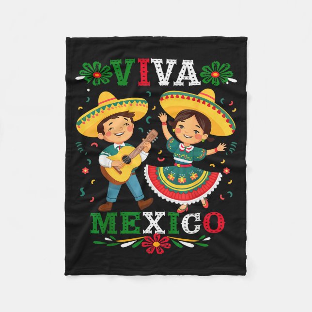 Viva Mexico Cute Cartoon Mexican Boy &amp; Girl In Fleece Blanket (Front)