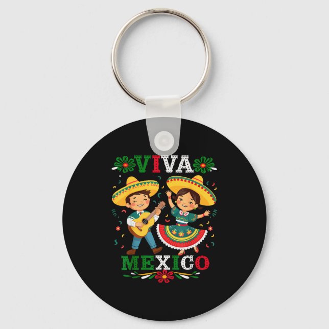 Viva Mexico Cute Cartoon Mexican Boy &amp; Girl In Key Ring (Front)