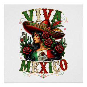 Viva Mexico Flag Rose Mexican Independence Day Poster
