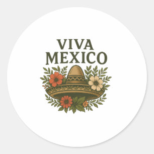 Viva Mexico Floral Sombrero Illustration Classic Round Sticker