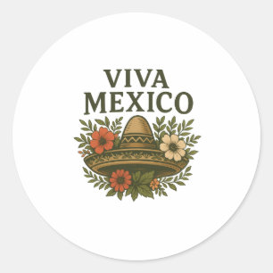 Viva Mexico Floral Sombrero Illustration Classic Round Sticker