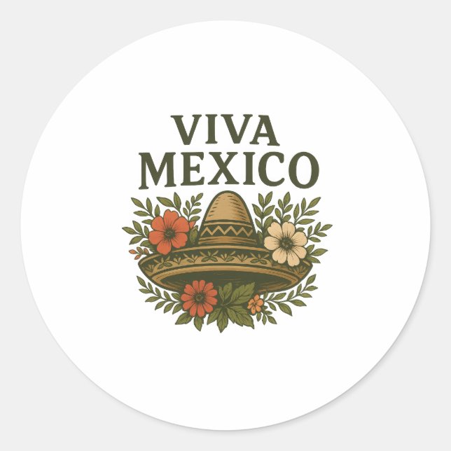 Viva Mexico Floral Sombrero Illustration Classic Round Sticker (Front)