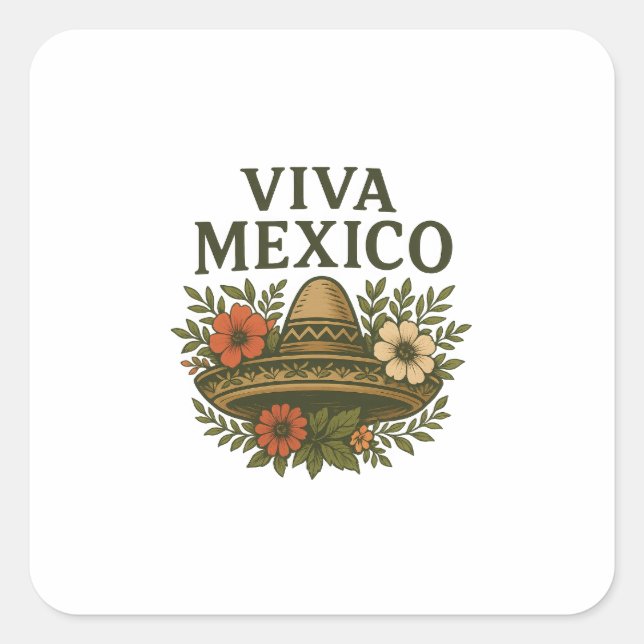 Viva Mexico Floral Sombrero Illustration Square Sticker (Front)