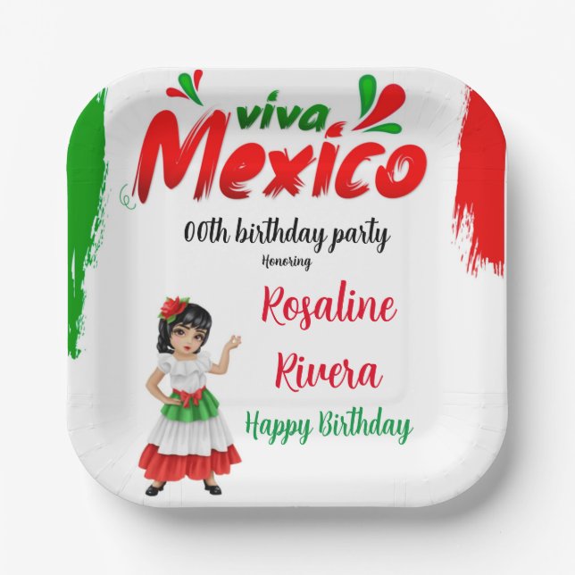 Viva Mexico Girl 00th Birthday Party Paper Plate (Front)