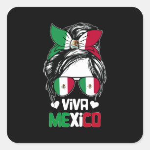 Viva Mexico Messy Bun Mexican Flag Lover Square Sticker