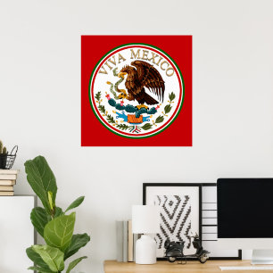 Viva Mexico Mexican Flag Icon w/ Gold Text Poster