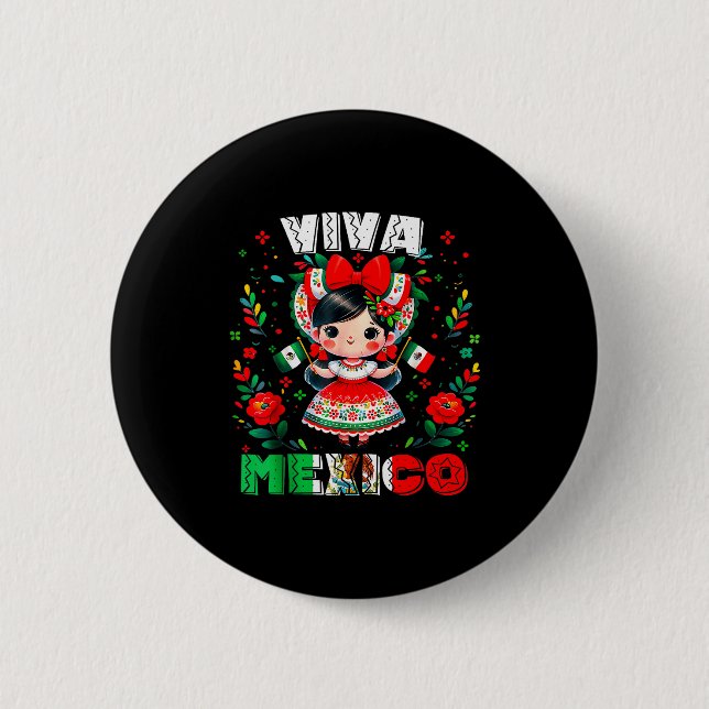 Viva Mexico Mexican Girl Flag Independence Day Gir 6 Cm Round Badge (Front)