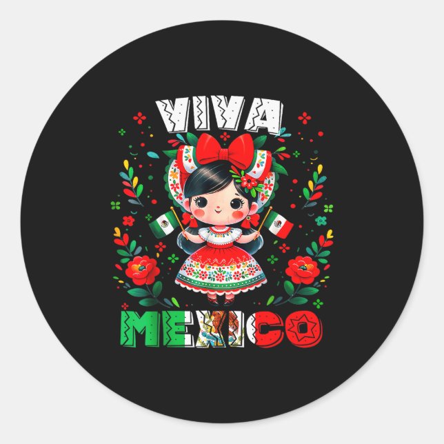 Viva Mexico Mexican Girl Flag Independence Day Gir Classic Round Sticker (Front)