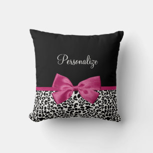 Vivacious Dark Pink Ribbon Leopard Print With Name Cushion